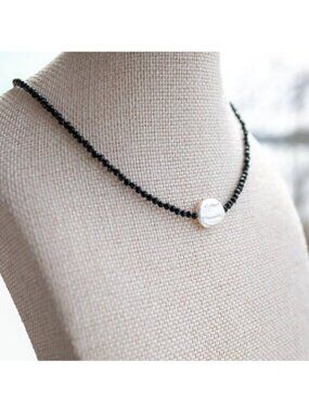 Beaded Black Gemstone Necklace w/ baroque Pearl Waterproof Gold Necklace